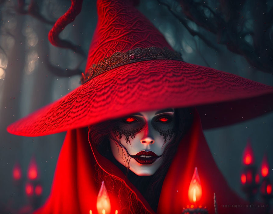 Mysterious Figure in Red Cloak with Skull Makeup and Candles in Twilight Forest