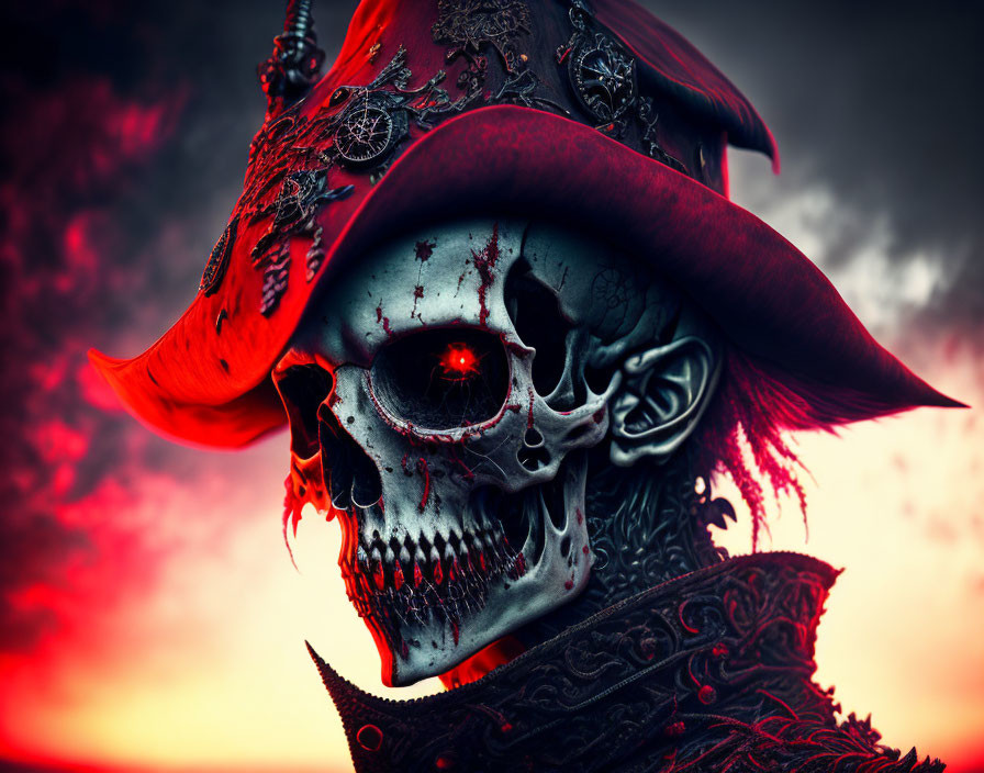 Detailed Ornate Red and Black Pirate Hat on Sinister Skeletal Figure