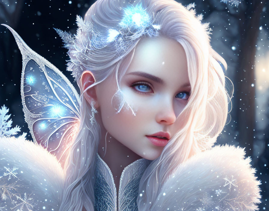 Fantasy digital artwork of ice fairy with blue eyes and snowflake adornments