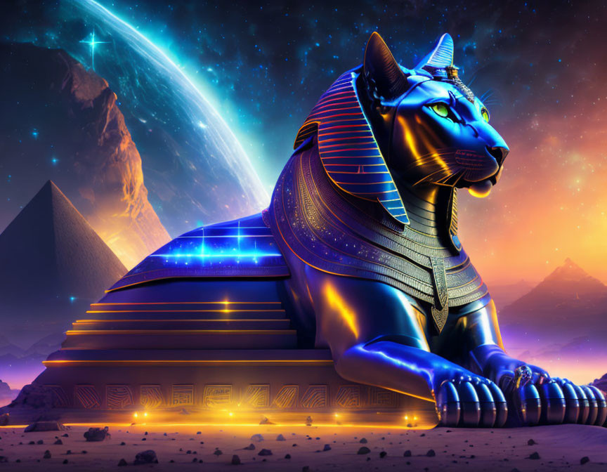 Digital artwork: Ancient Egyptian sphinx under starry sky with comet, pyramids, mountains