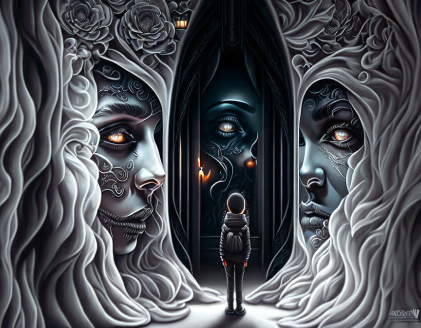 Person standing before mysterious doorway with ornate face-like designs