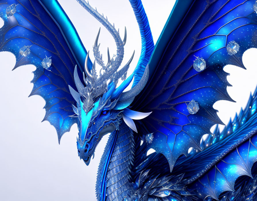 Intricate Blue Dragon with Spread Wings and Shimmering Scales