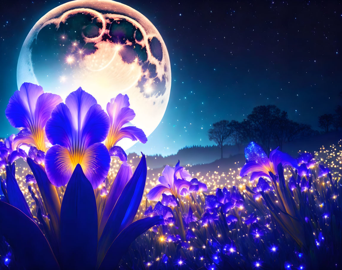 Vibrant purple flowers under detailed moon in starry night scene