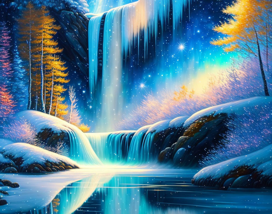 Colorful digital artwork: magical waterfall, starry sky, illuminated trees, serene reflection.