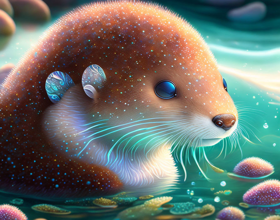 Whimsical otter illustration with sparkling fur coat and luminescent whiskers