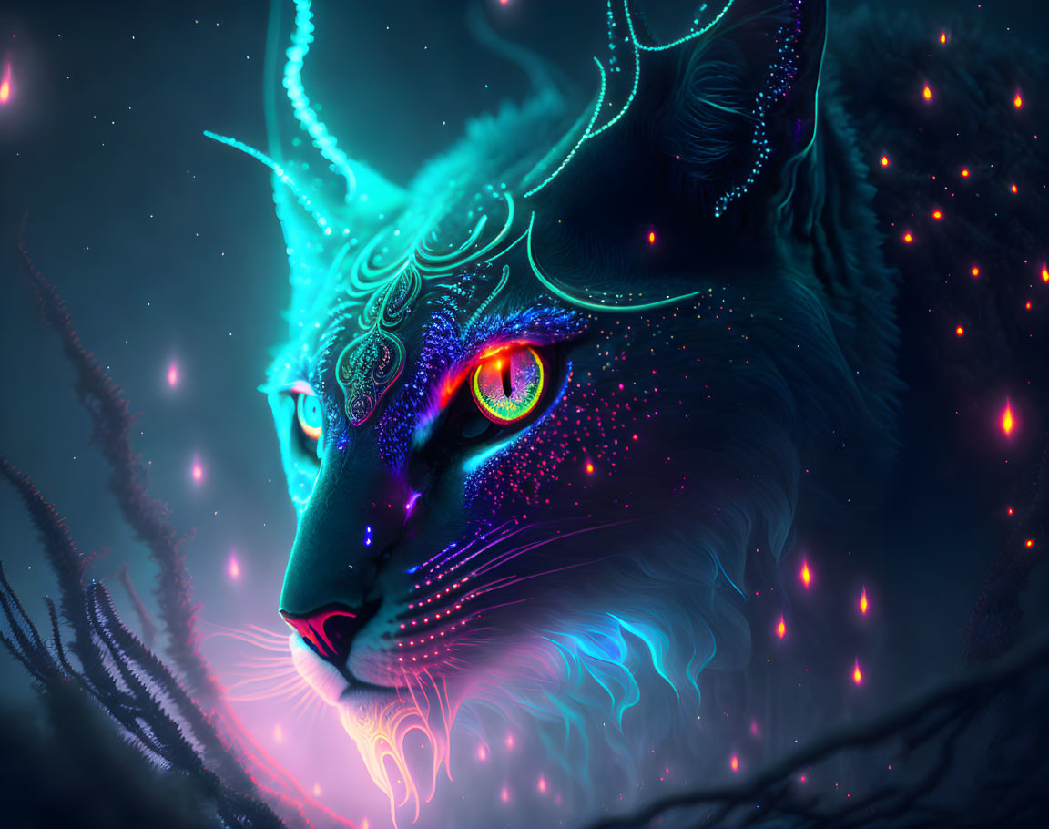 Mystical neon blue cat with glowing eyes in dark starry background