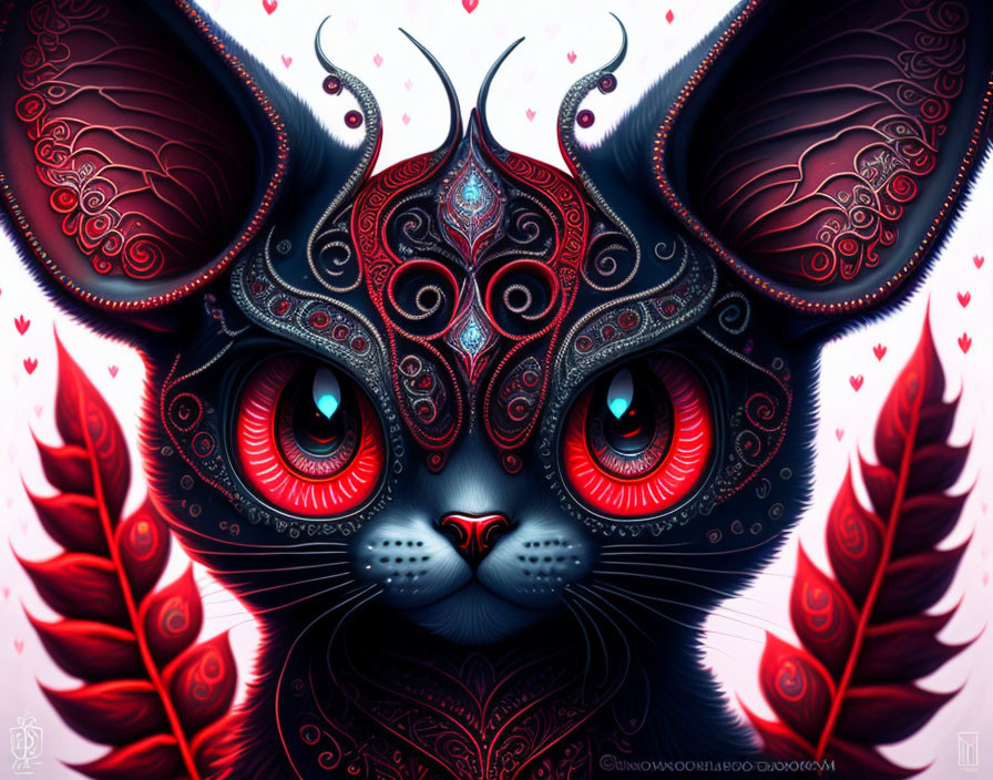 Fantastical cat illustration with red eyes and ornate designs on pink background