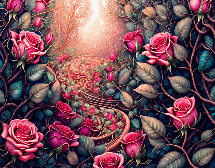 Digital artwork: Mystical garden with pink roses and glowing light