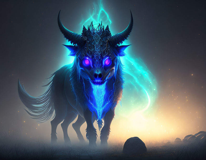 Mystical bull-like creature with glowing blue eyes and ornate horns in cosmic night scene