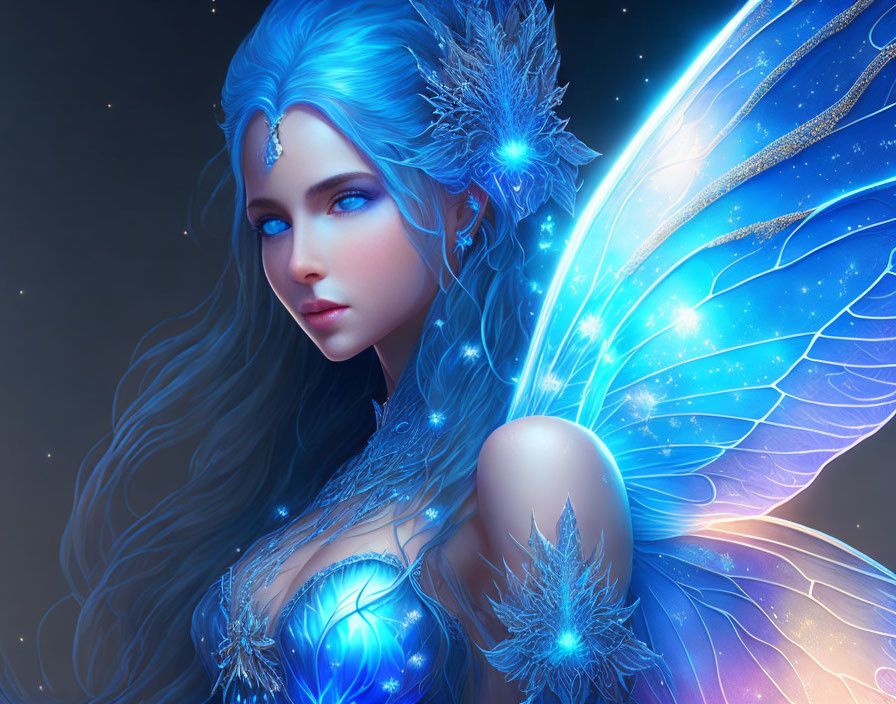 Ethereal blue fairy with luminous wings and frost-like adornments