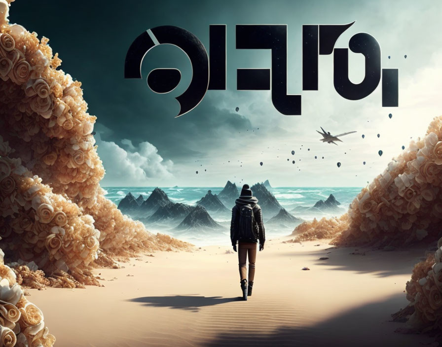 Person walking towards surreal ocean waves and flower-covered cliffs under dramatic sky with floating debris and reversed "L