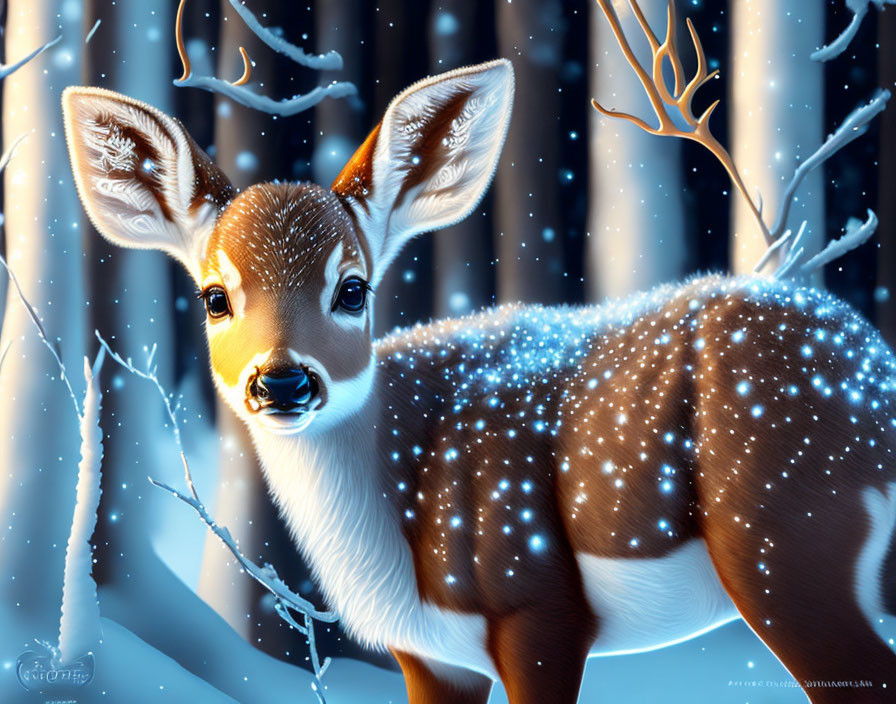 Digital Art: Sparkling Fawn in Snowy Forest Scene