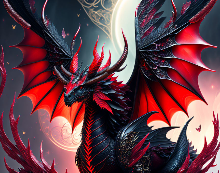 Majestic red and black dragon with expansive wings and intricate scales against mystical backdrop