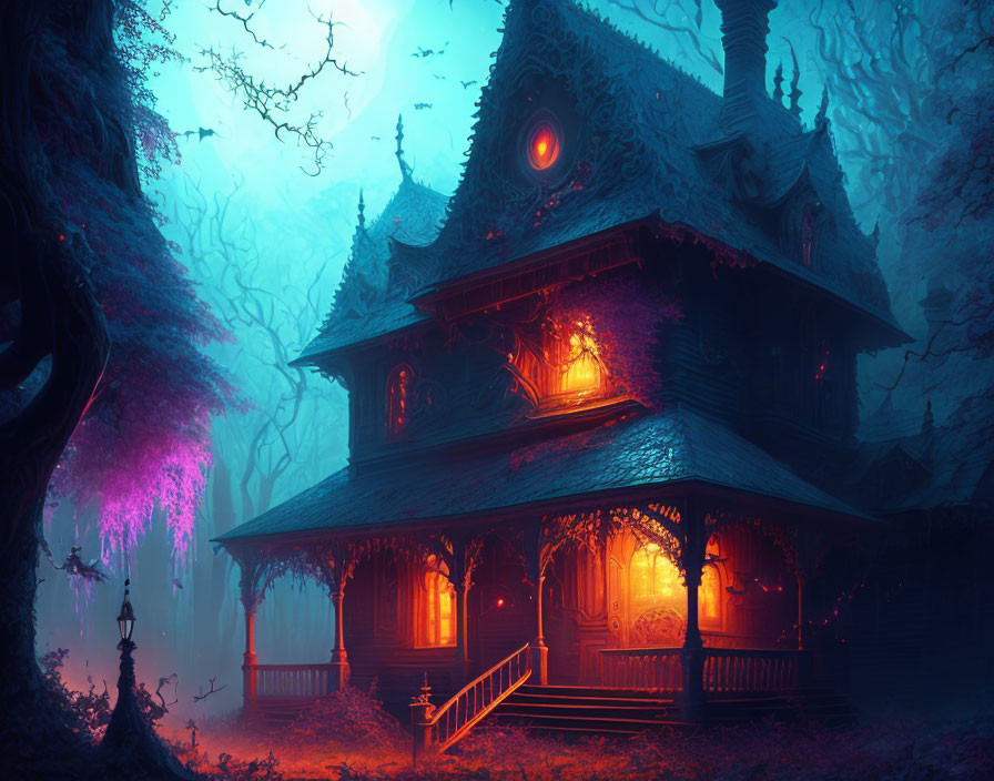 Eerie illuminated gothic house in misty forest with glowing windows