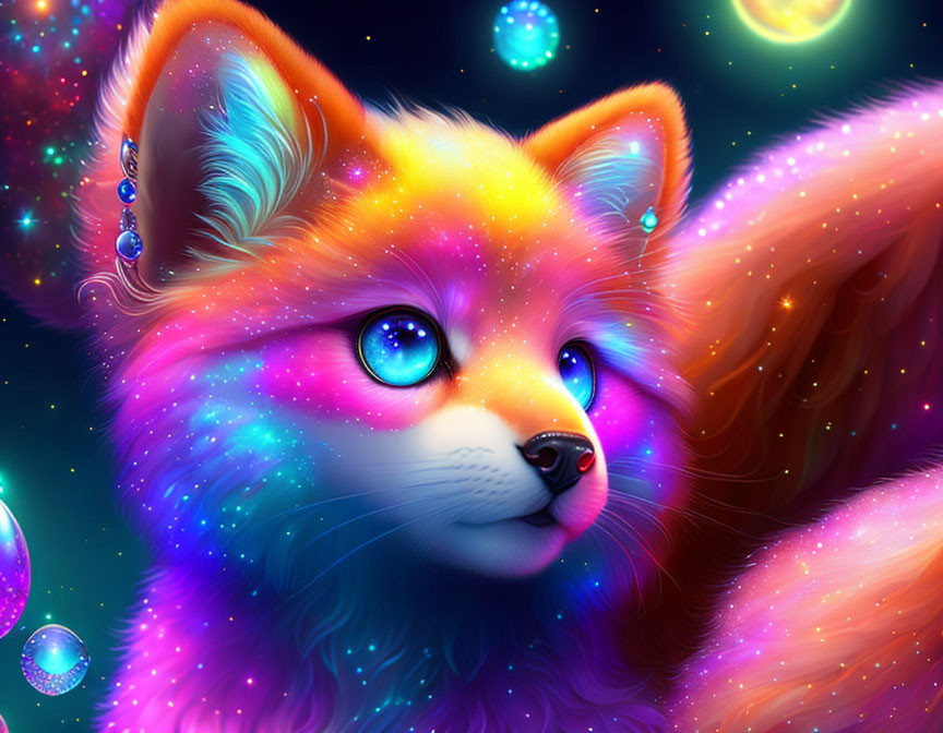 Colorful Cosmic Nebula Fox with Glowing Eyes and Bubbles