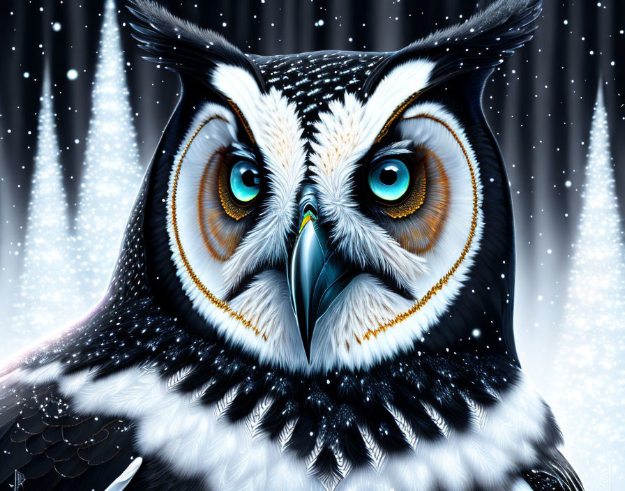 Detailed Owl Illustration with Striking Blue Eyes and Snowy Background