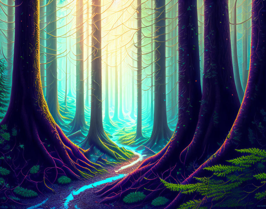 Enchanted forest with towering trees, blue stream, ferns, and mystical glow