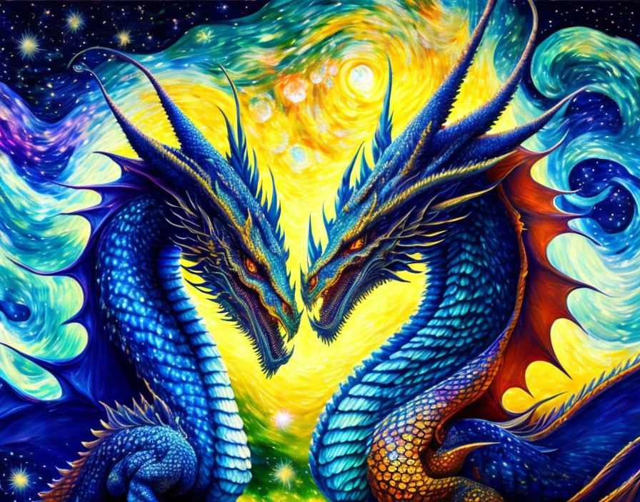 Colorful Mythical Blue Dragon Painting Against Starry Sky