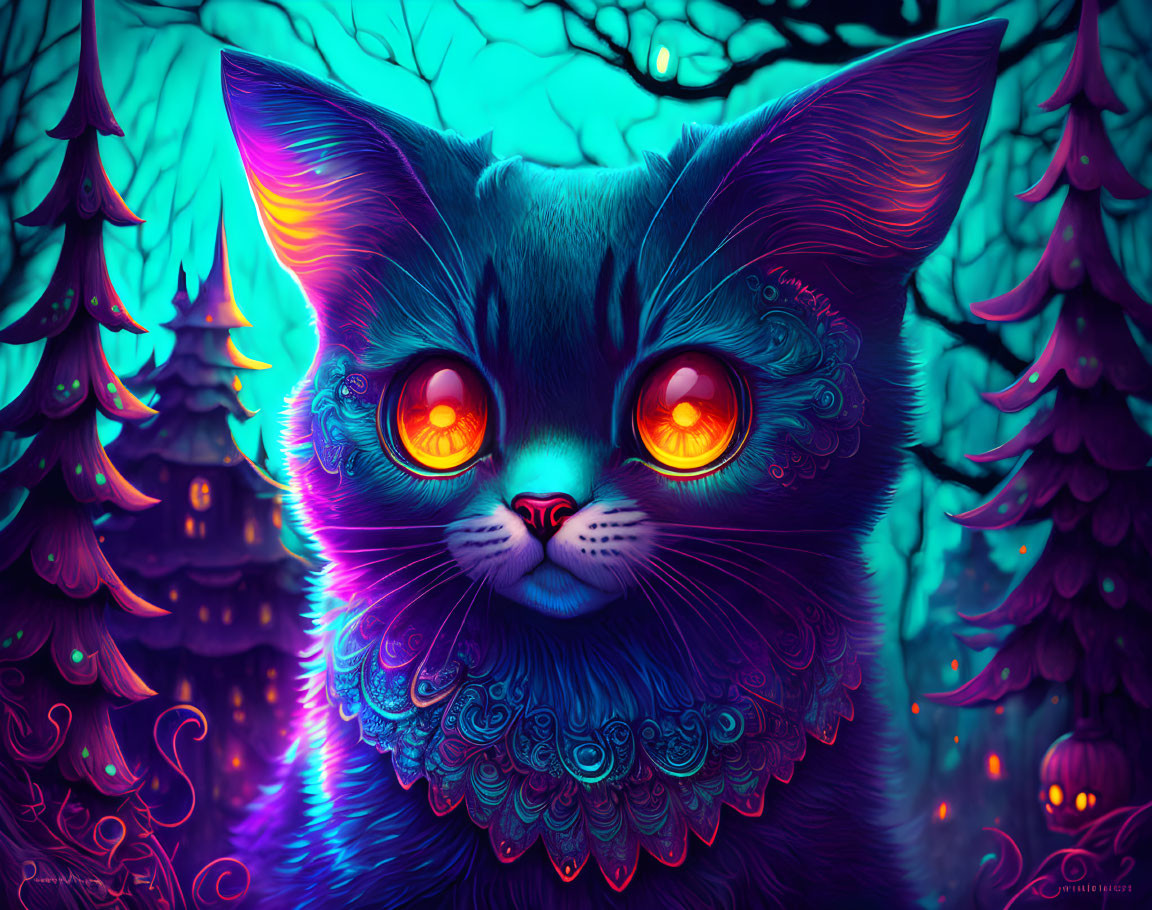 Blue-Furred Cat with Orange Eyes in Enchanted Forest Scene