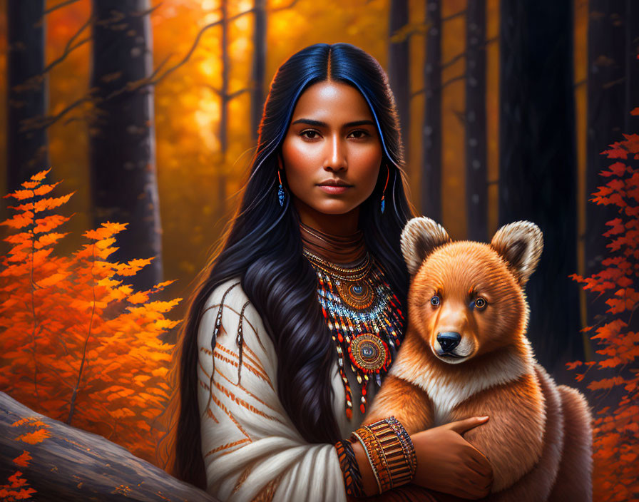 Woman in traditional attire with bear cub in vibrant autumn forest.