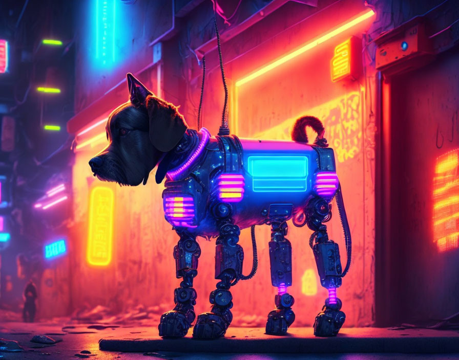 Cybernetic dog with biological head in neon-lit alleyway