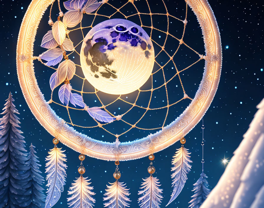 Dreamcatcher with feathers, beads, full moon, snowy pine trees, stars