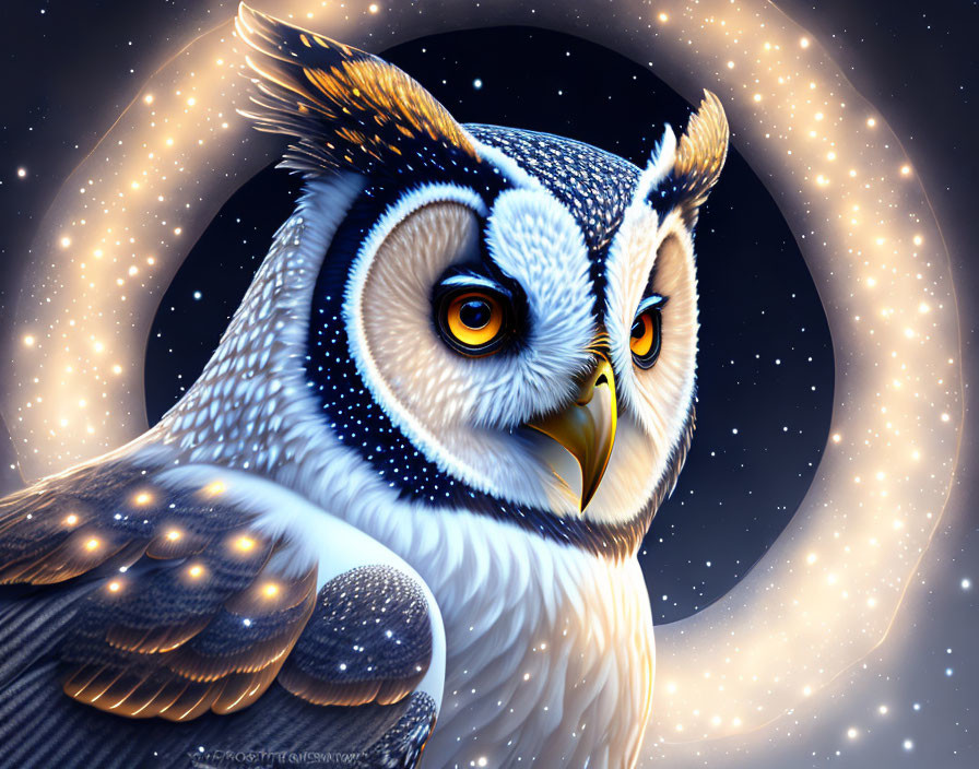 Detailed illustration of majestic owl with yellow eyes and galaxy motif in feathers on cosmic background.