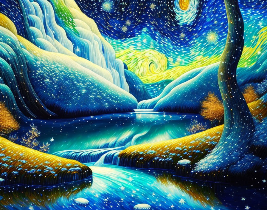 Surreal landscape painting with swirling patterns and vivid colors