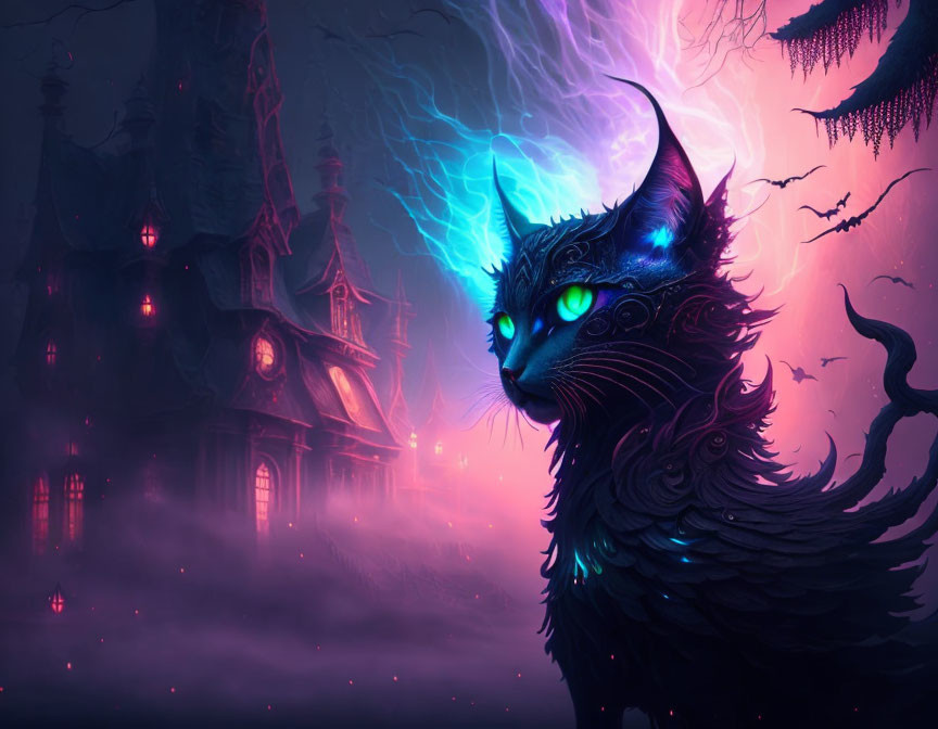 Black Cat with Green Eyes and Blue Aura in Front of Spooky Castle