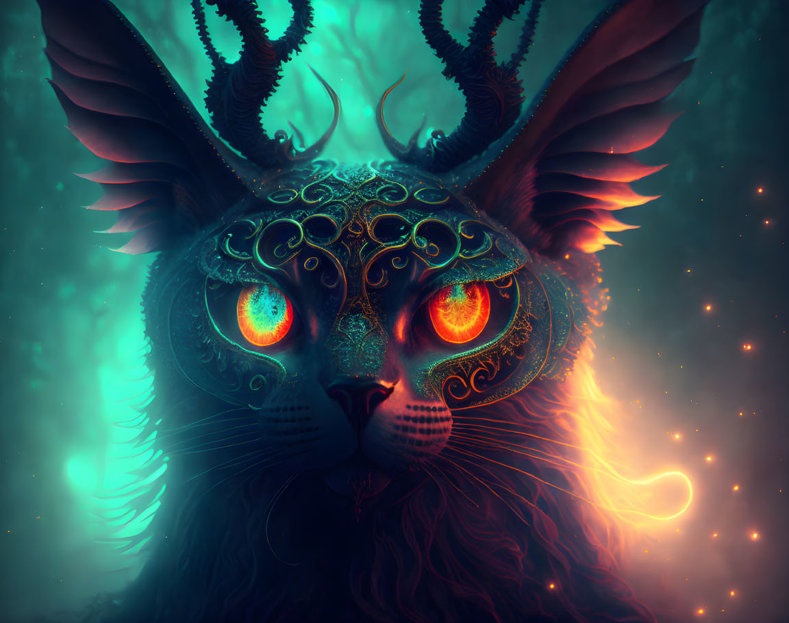 Mystical cat with ornate horns and vibrant eyes on teal backdrop