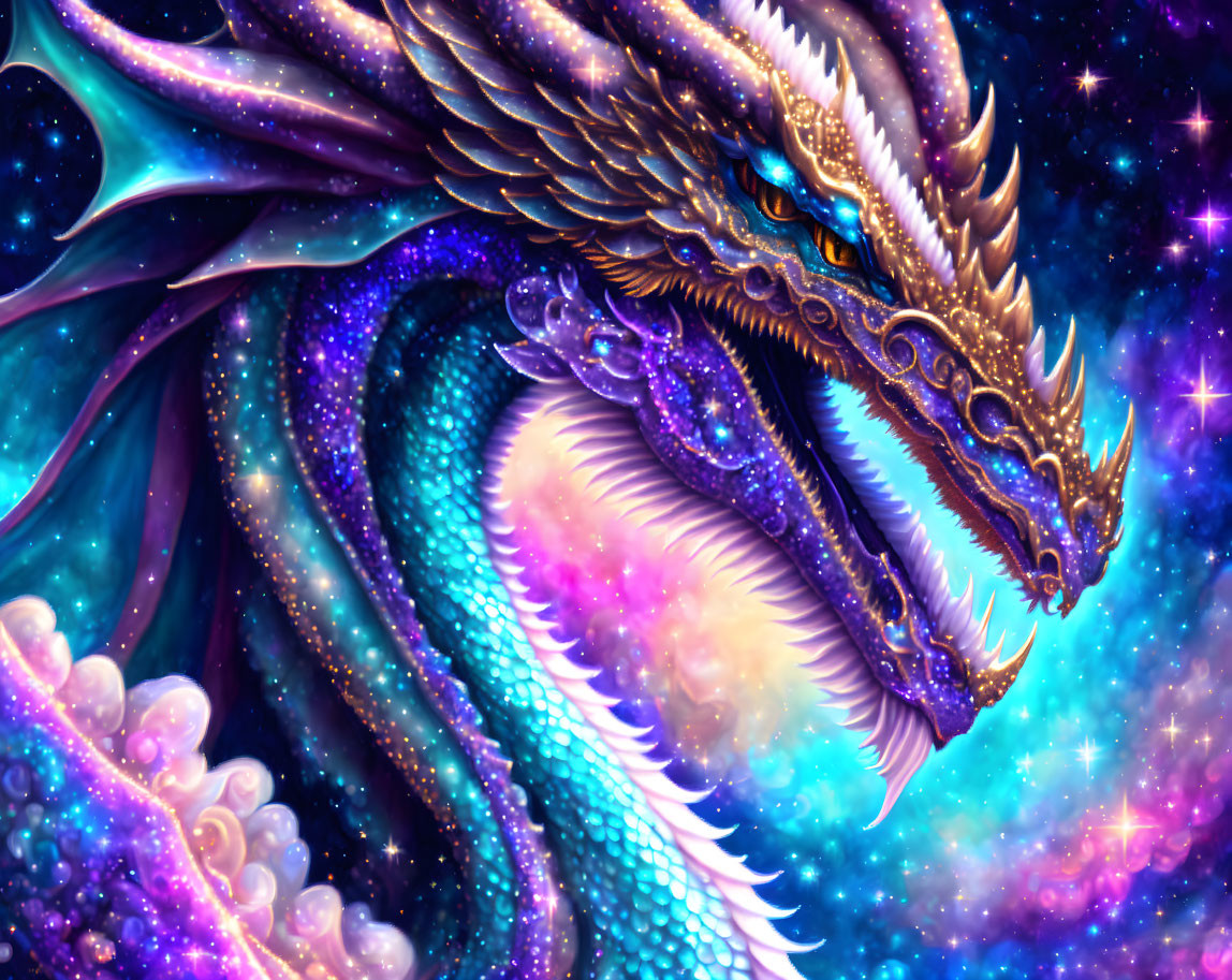 Mythical dragon illustration with blue and violet shimmering scales in cosmic setting