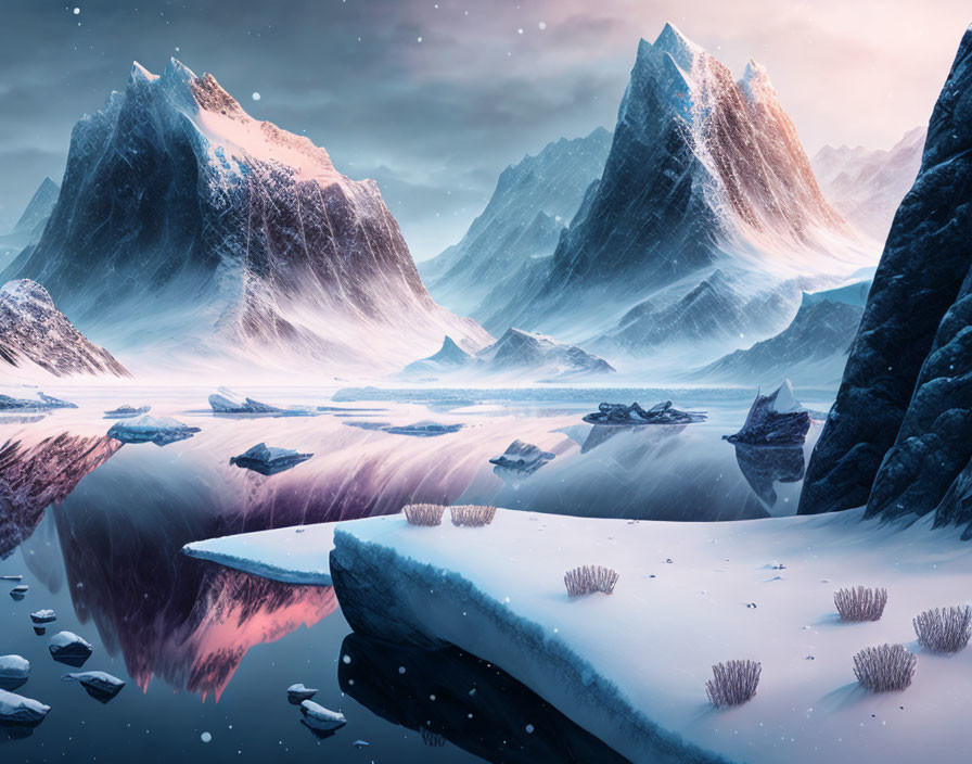 Majestic snowy landscape with mountains, icy waters, and floating icebergs