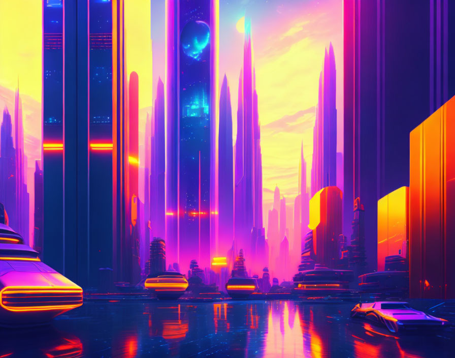 Futuristic cityscape with skyscrapers, neon lights, flying cars, and celestial body