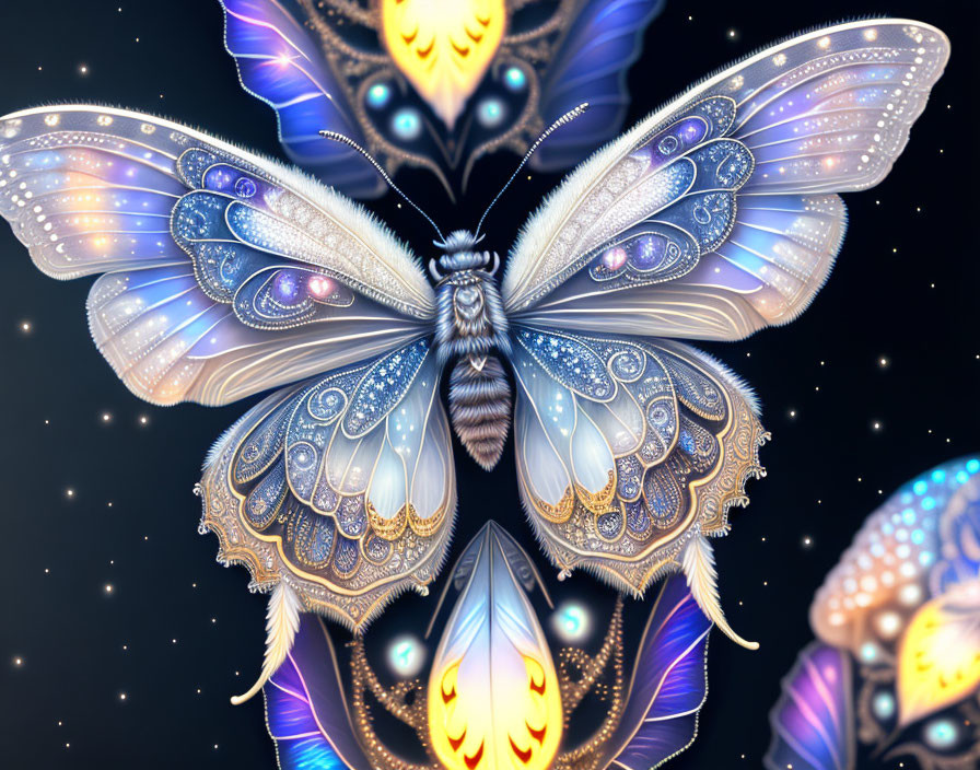 Fantastical luminous butterfly with jeweled wings on starry background.