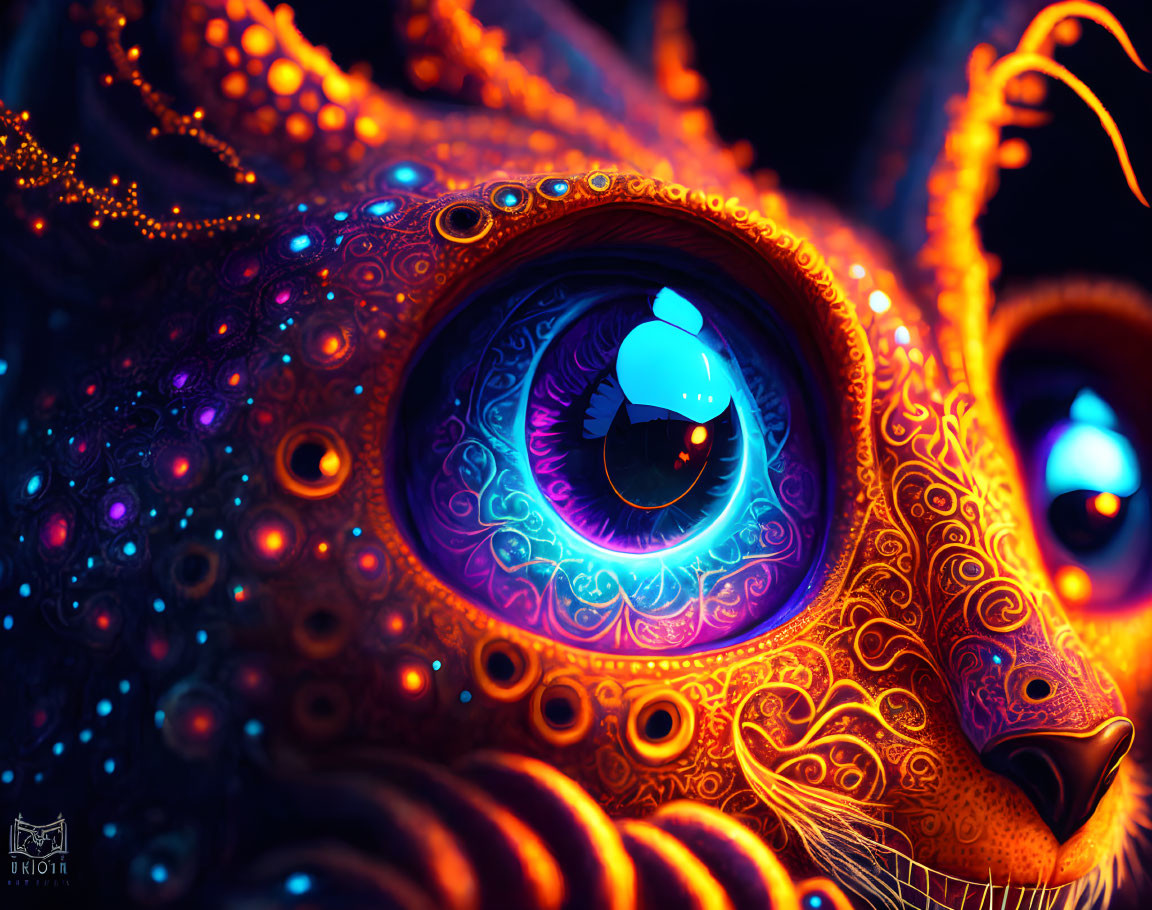 Colorful digital artwork of fantastical creature with ornate patterns and glowing eyes