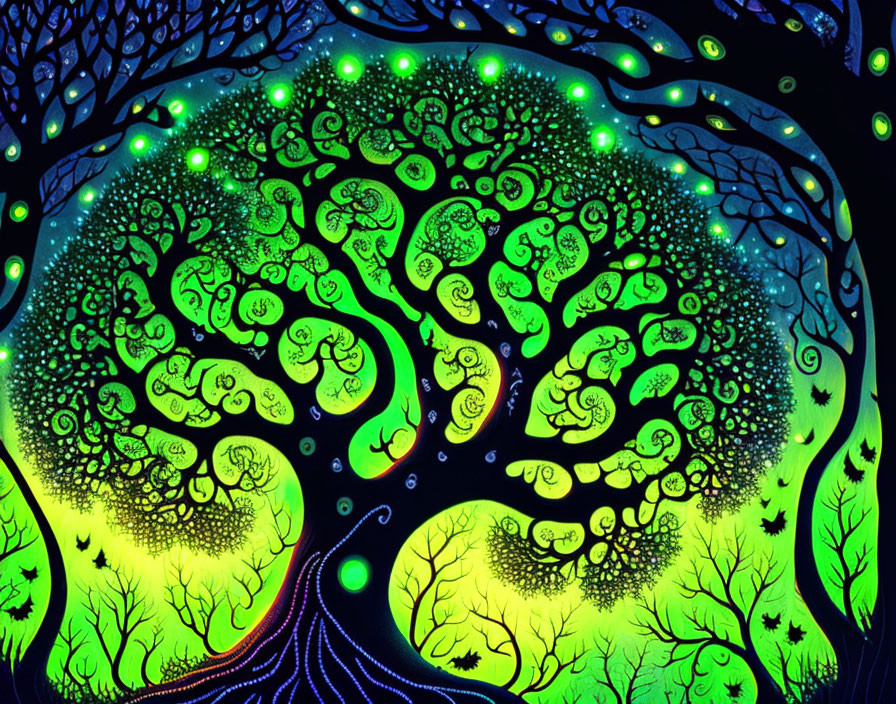 Vivid digital painting: Glowing tree with swirling branches in fluorescent green and blue