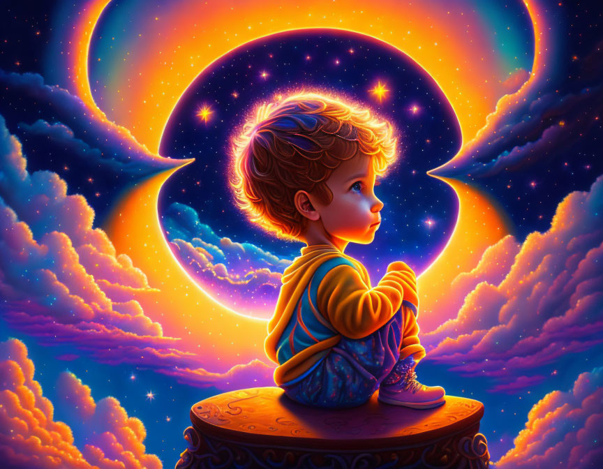 Child on Platform Observing Vibrant Cosmic Scene