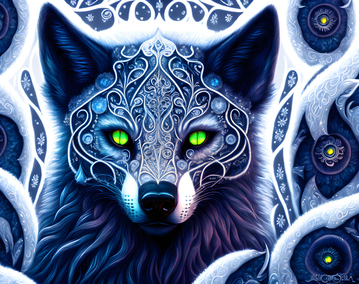 Mystic wolf digital artwork with blue and white patterns and green eyes