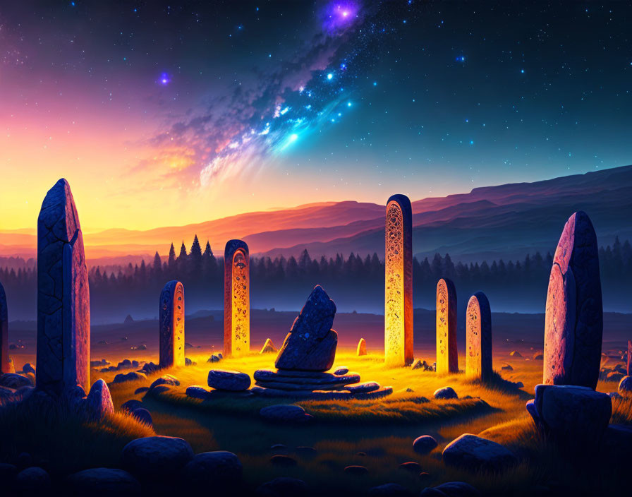 Mystical Stone Circle at Dusk with Shooting Star