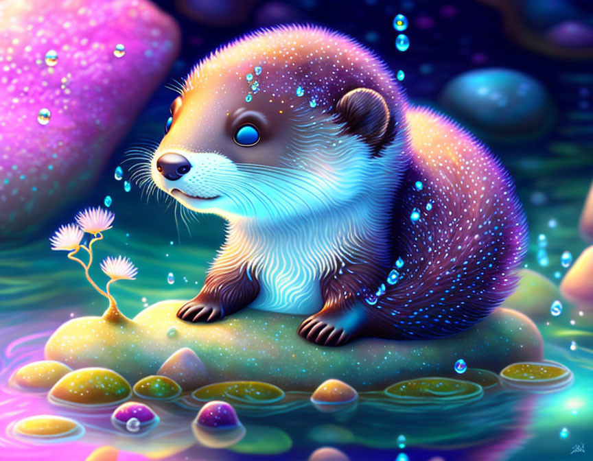 Illustration of glowing blue-eyed otter on colorful rock in magical setting