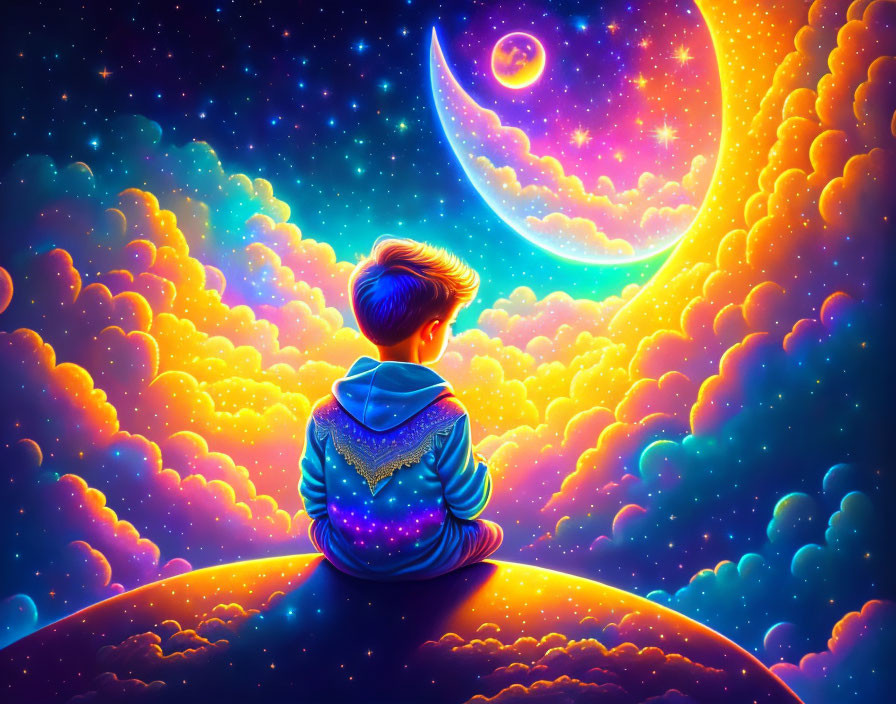 Boy sitting on planet admiring vibrant cosmic scene with stars, clouds, and crescent moon.