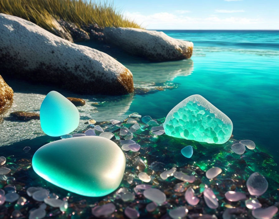 Clear Blue Water Beach with Colorful Glowing Stones