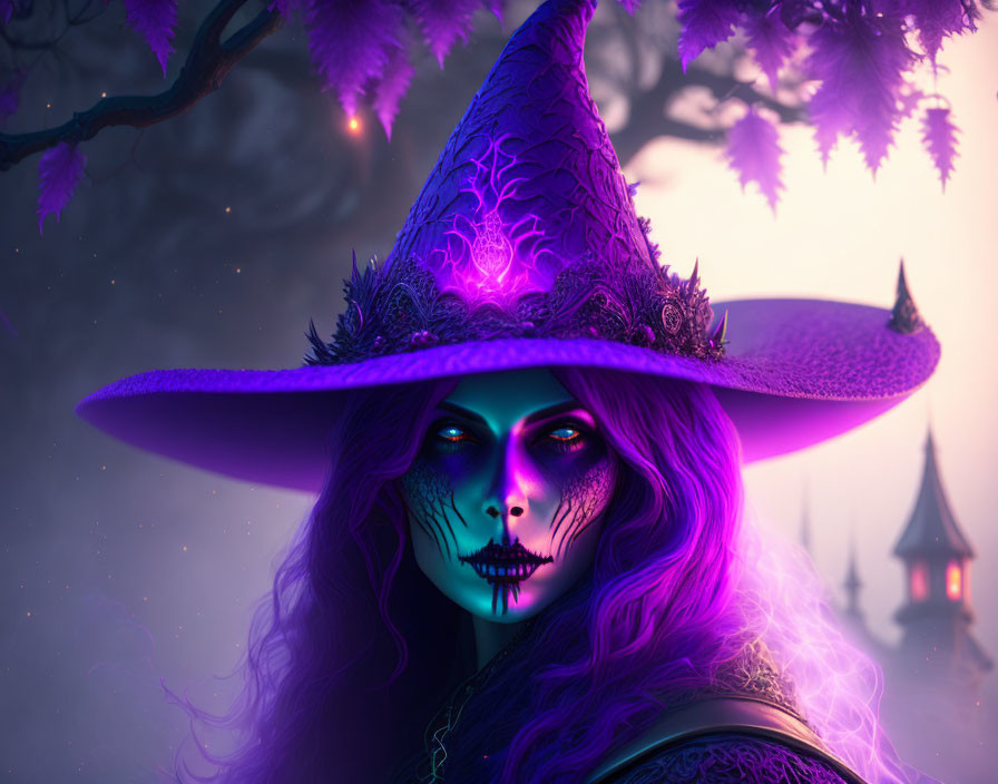 Mystical female figure with green eyes and purple skin in enchanted forest