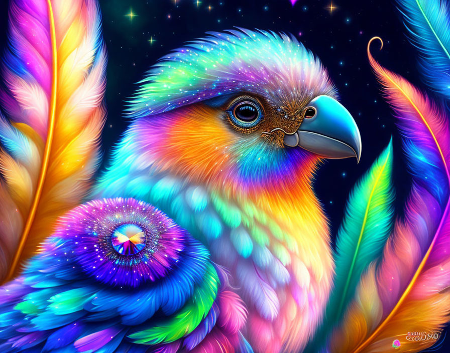 Colorful iridescent bird with luminous feathers on cosmic backdrop