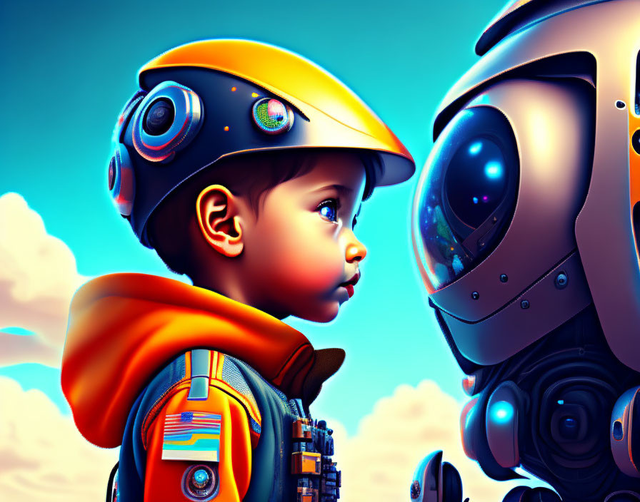 Child in space helmet gazing at robot under blue sky with clouds