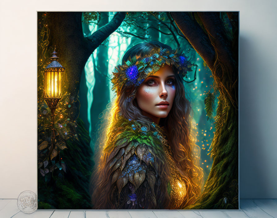 Mystical forest scene with woman in natural elements and glowing lantern