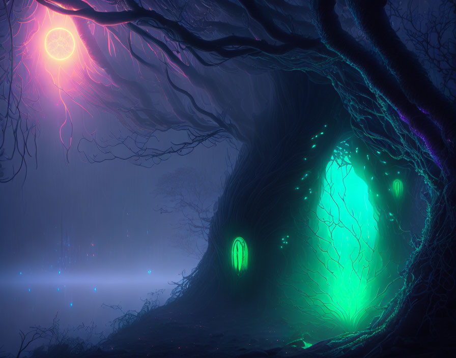 Enchanting forest scene with glowing tree hollow and celestial body