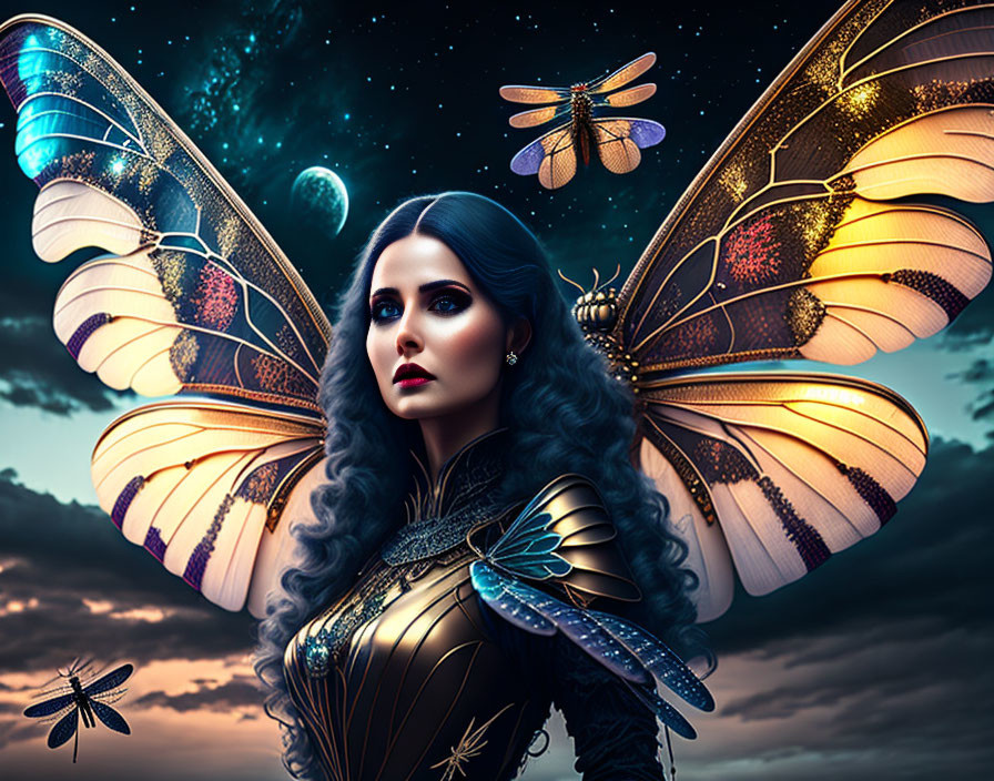 Woman with butterfly wings in starry sky with glowing dragonflies