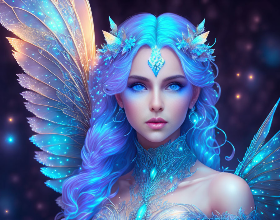 Fantasy portrait of woman with blue hair and luminous wings on starry background