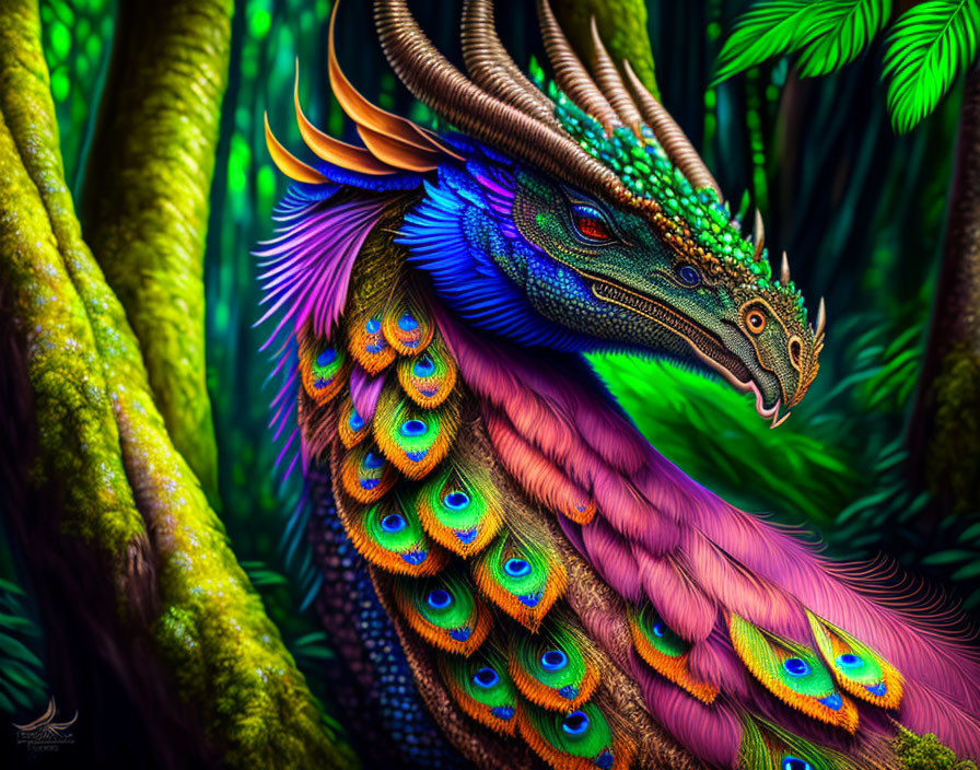 Colorful mythical creature with peacock feathers, dragon head, and horns in forest setting